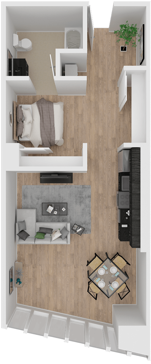 Floor plan for 1 bed, 1 bath, 658 sqft